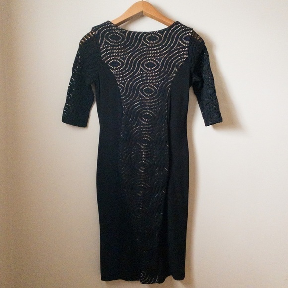 Nadya Toto Bodycon Dress Black Lace Knit Midi Length Womens Size Medium Stretchy - Picture 2 of 11